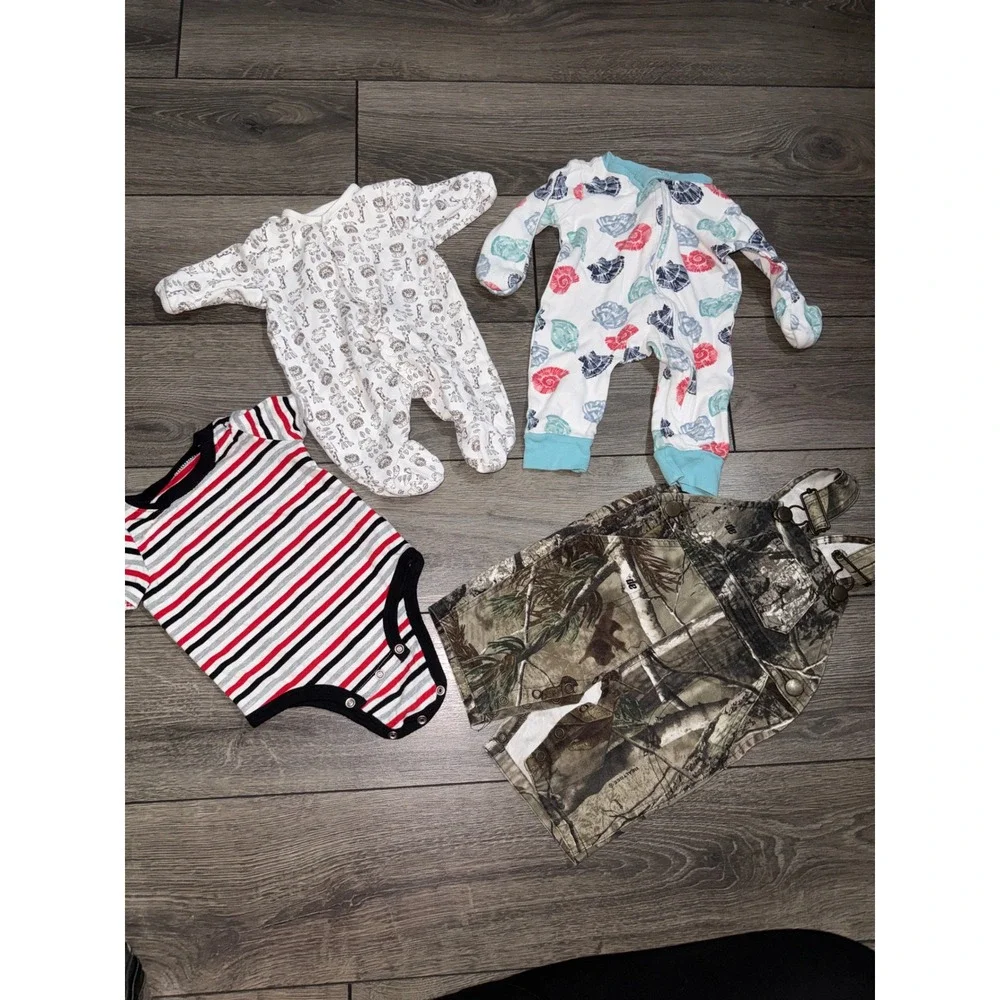 Baby Boy Lot 4pc Camo Overalls Safari Shell Footed Sleepers Striped Bodysuit